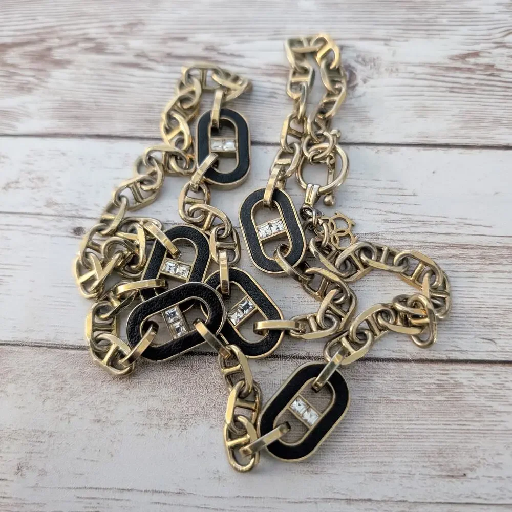Ann Taylor Necklace Black, Gold Tone, Rhinestone Chunky Long Statement